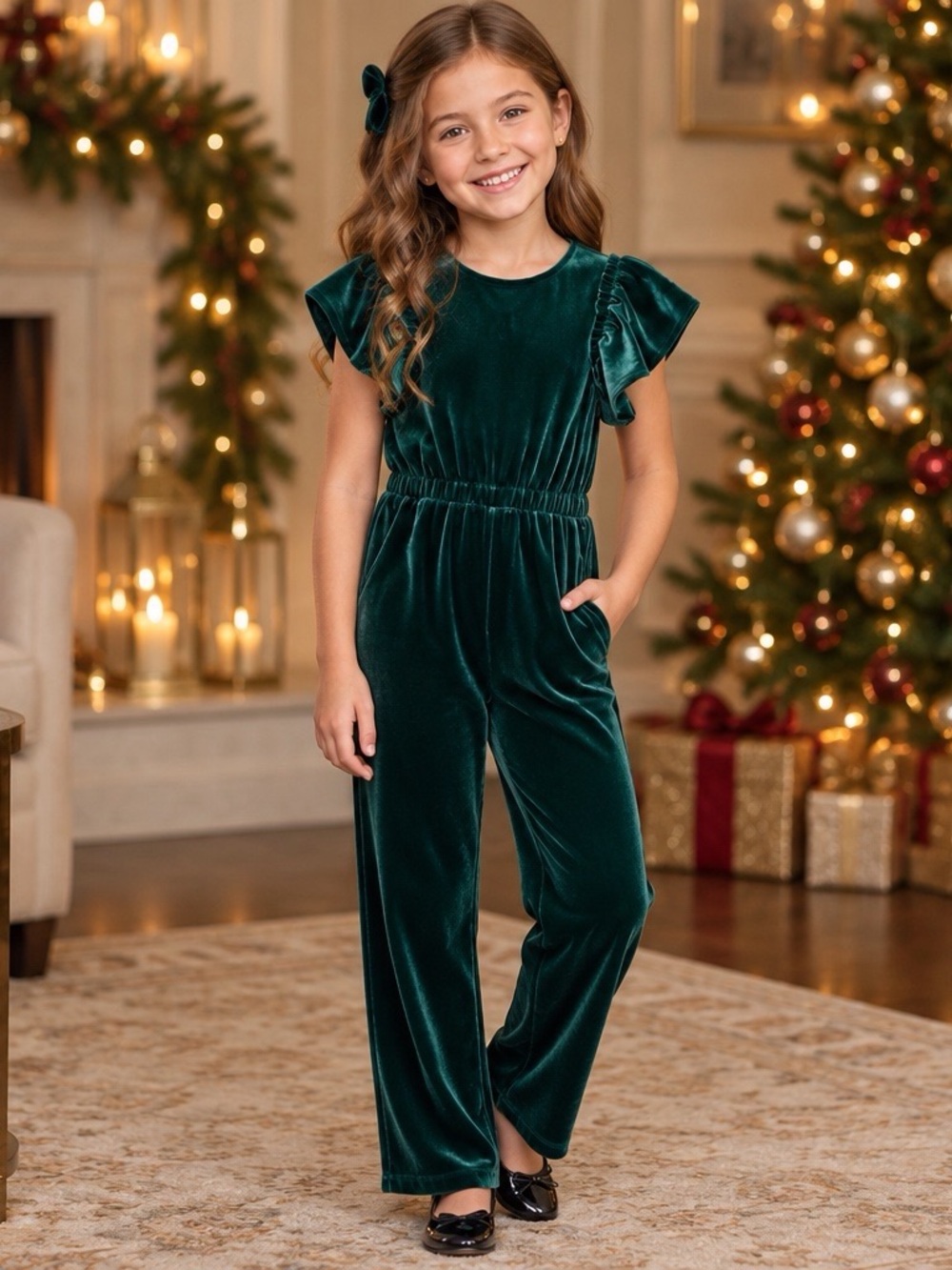 J.Crew Crewcuts Girls Size 8 Emerald Green Velvet Ruffle Sleeve Jumpsuit